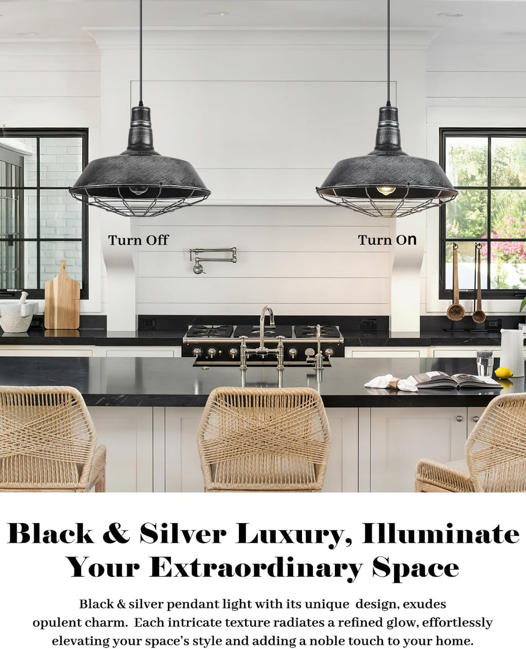 Large Pendant Lights Kitchen Island 1 Pack, 18.1 Inch Oversized Industrial Pendant Light, Black and Silver Barn Pendant Light with Wire Cage, Farmhouse Pendant Lights for Kitchen Barn
