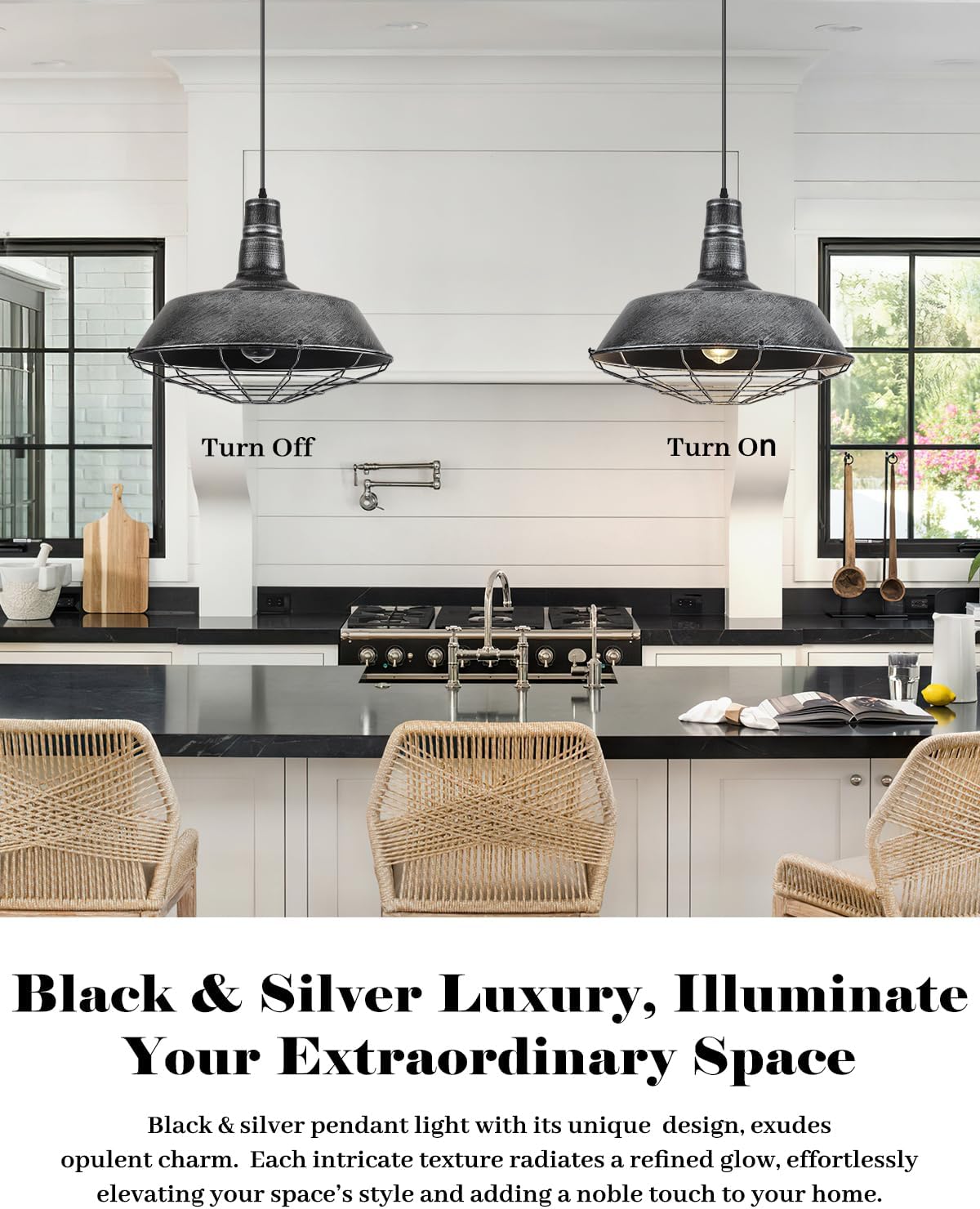 Large Pendant Lights Kitchen Island 1 Pack, 18.1 Inch Oversized Industrial Pendant Light, Black and Silver Barn Pendant Light with Wire Cage, Farmhouse Pendant Lights for Kitchen Barn