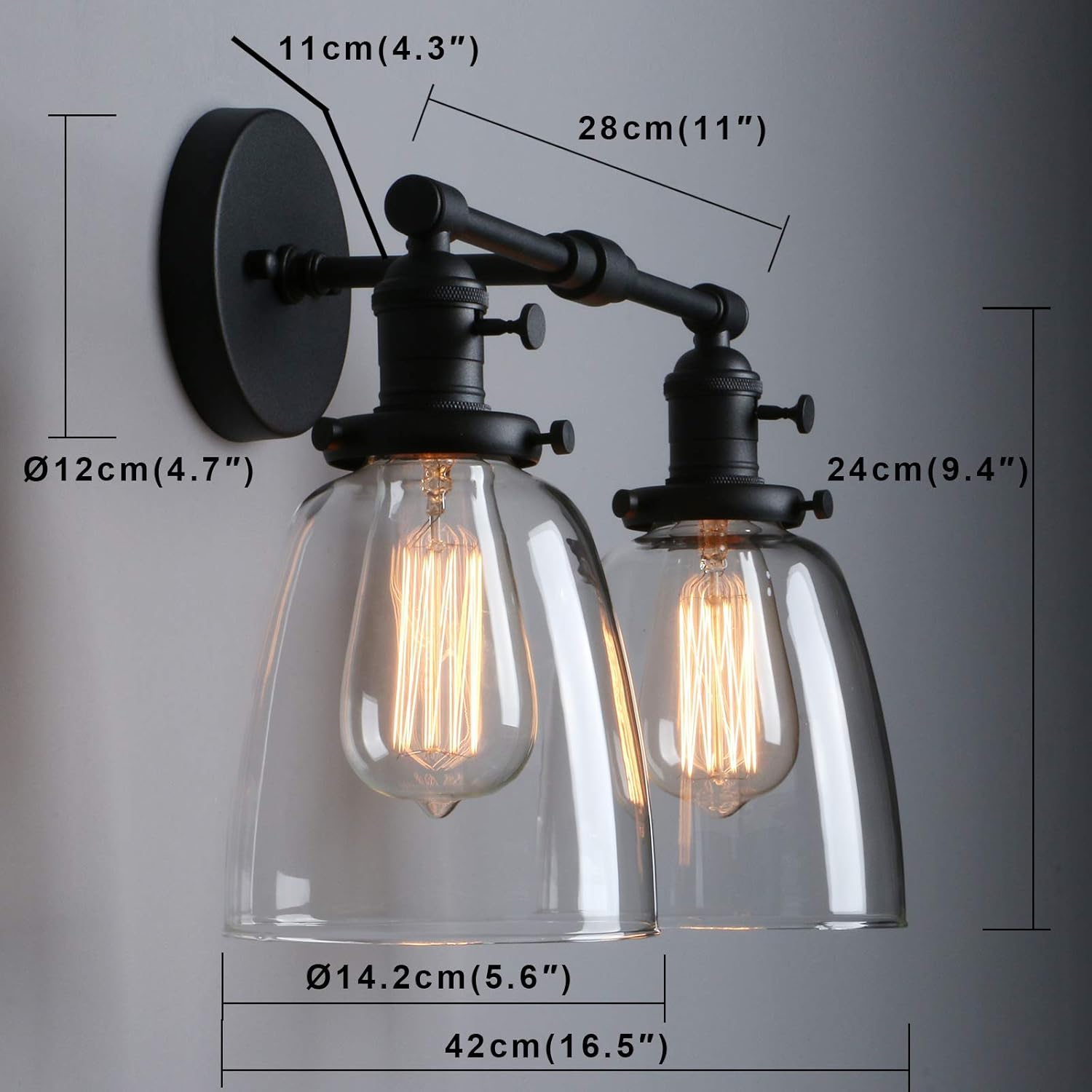Phansthy Industrial Wall Lights Fitting with Oval Glass Shade 2 Lights Vintage Hallway Wall Lamps E27 Base Indoor Kitchen Wall Sconces Retro Light Fixtures for Bedroom Vanity Mirror (Black)