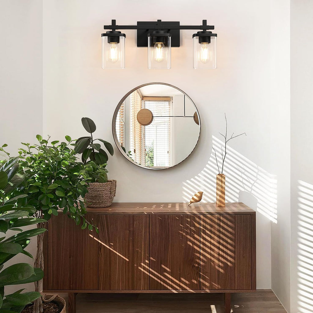3-Lights Bathroom Vanity Light Fixtures, Modern Black Vanity Lights Over Mirror with Clear Glass Shade for Bathroom, Wall Mounted Lamp for Bedroom Hallway Living Room