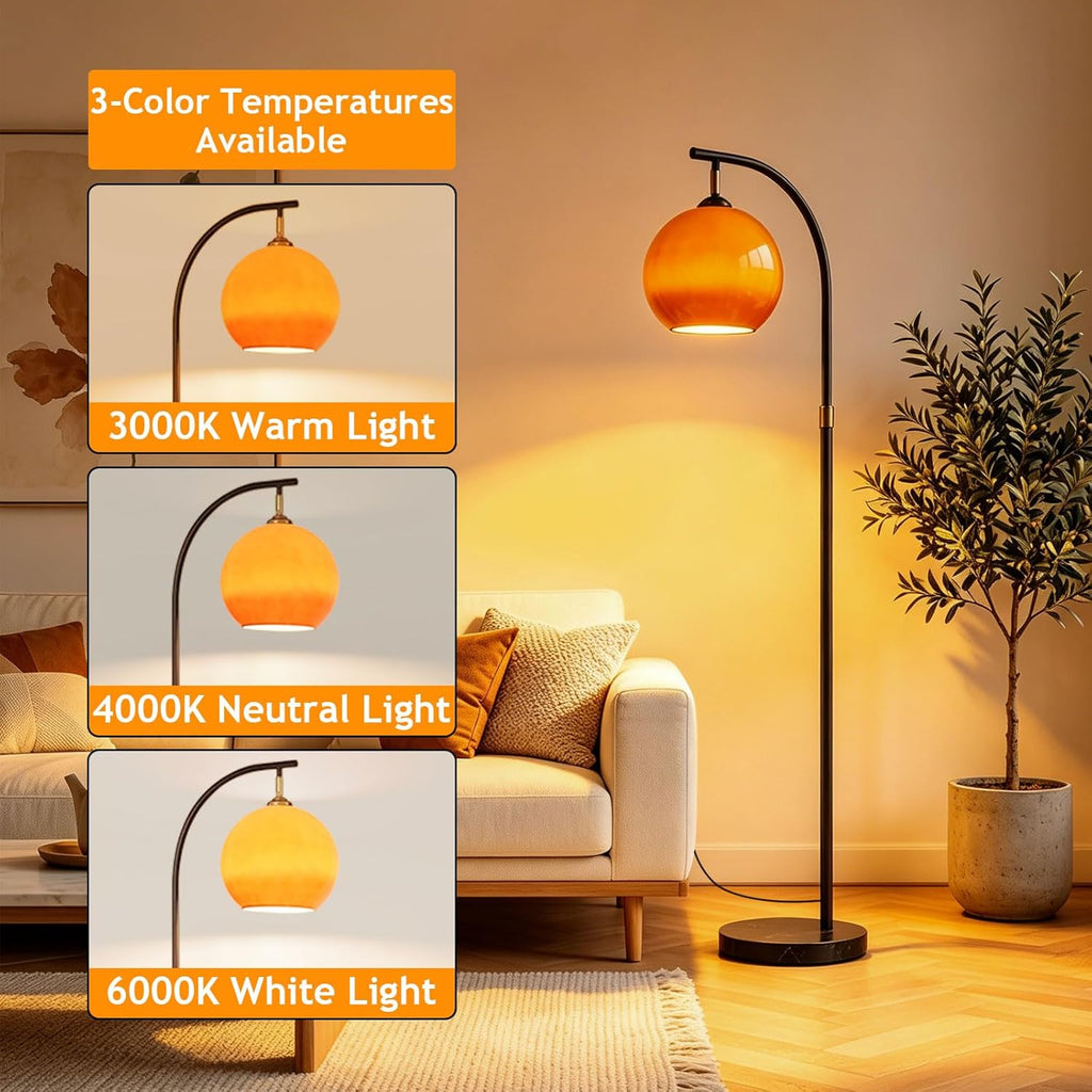 Nordic Orange Glass Floor Lamp Arc Height Adjustable Floor Light Marble Base Tall Lamp with Globe Glass E26 Dimmable Standing Fixtures for Living Room Sofa Area Study Bedroom