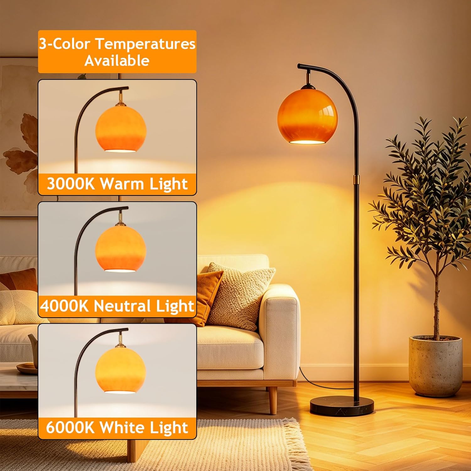 Nordic Orange Glass Floor Lamp Arc Height Adjustable Floor Light Marble Base Tall Lamp with Globe Glass E26 Dimmable Standing Fixtures for Living Room Sofa Area Study Bedroom