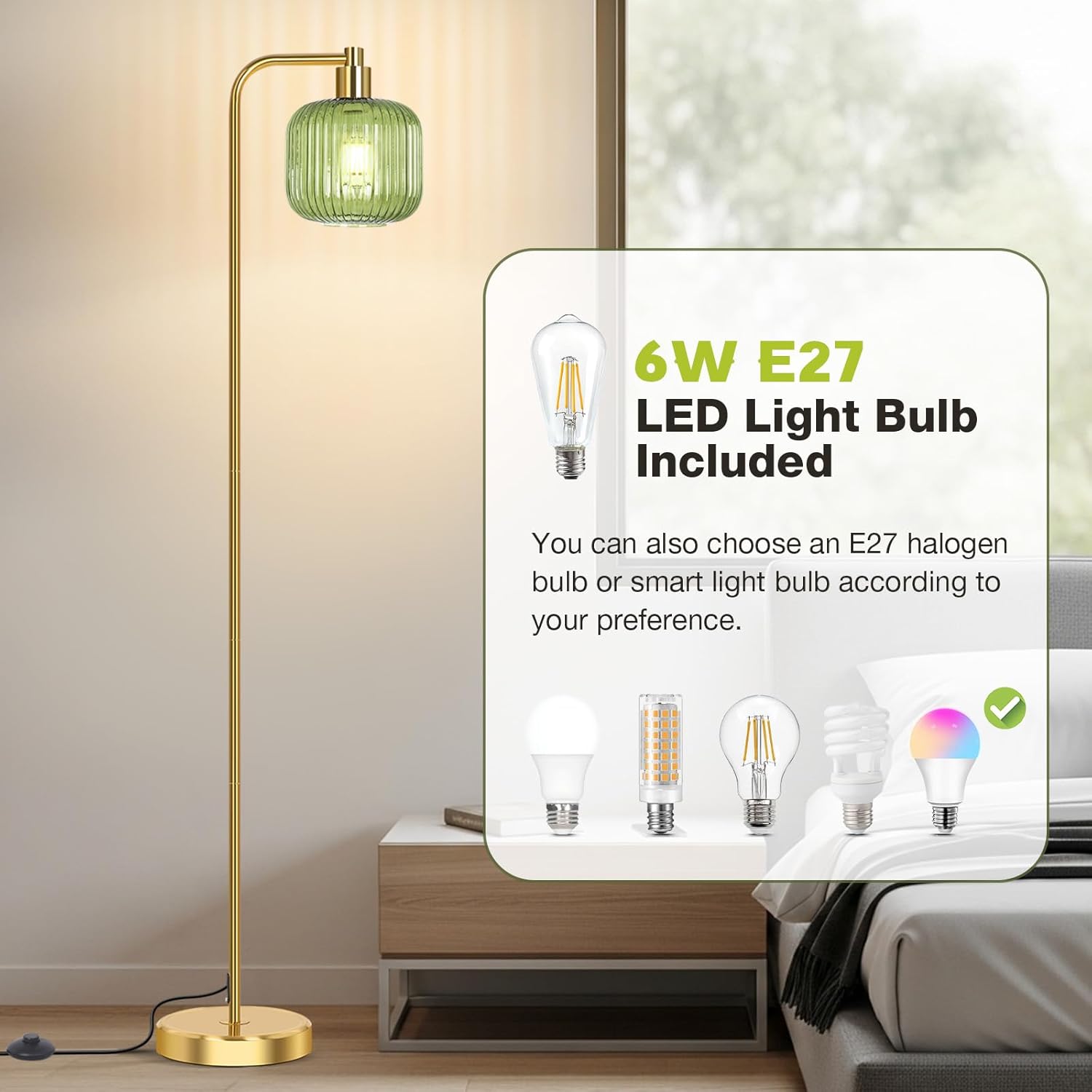 BTTO Floor Lamps for Living Room, Vintage Standing Lamp with Glass Lampshade, 170cm Gold Tall Lamps Standard Lamps with Foot Switch for Bedroom, Living Room, Office, E27 Sockets (Bulb Included)