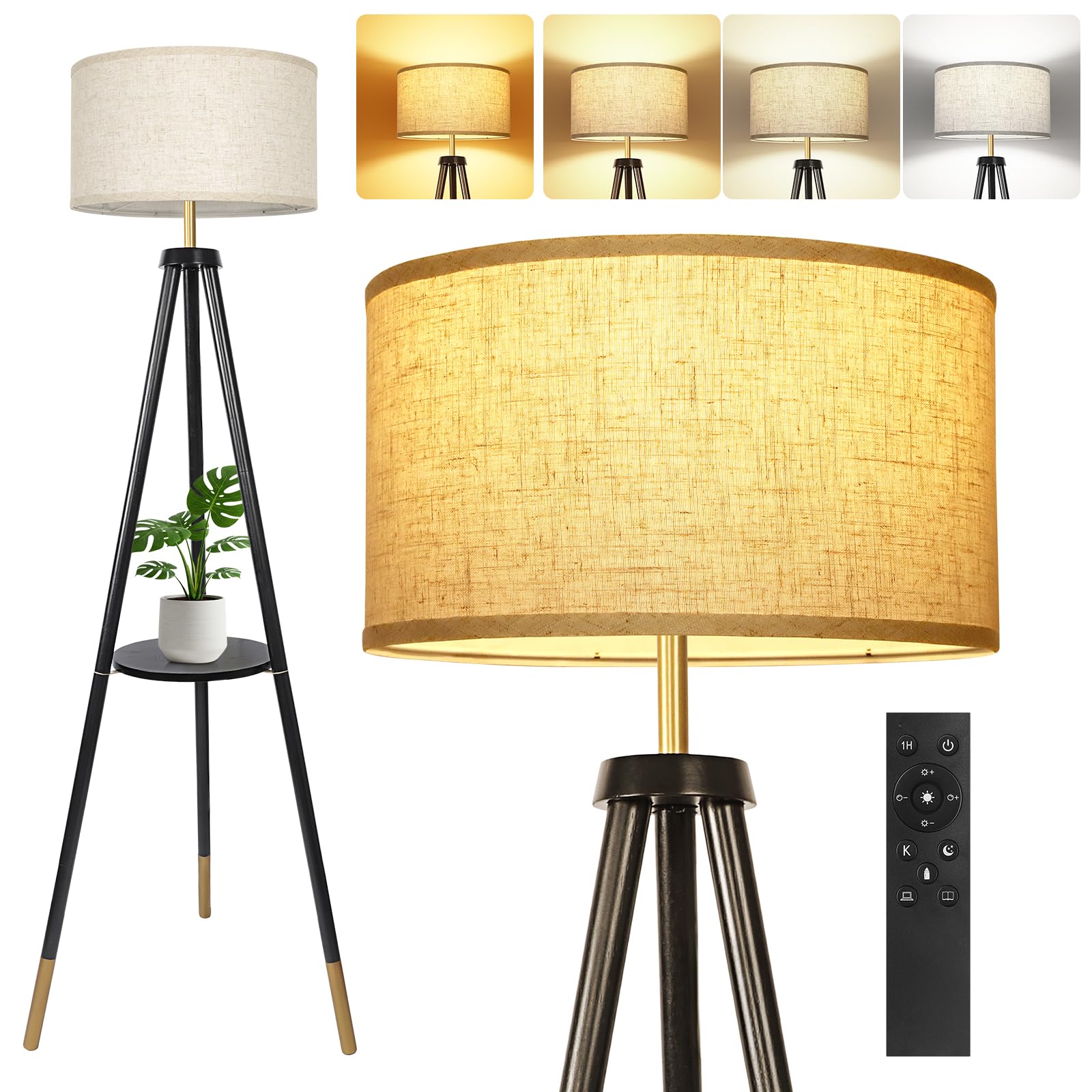 OUTON Solid Wooden Tripod Floor Lamp, Touch Control, Standing Lamp with Remote Control, Dimmable & 4 Color Temperatures, 1H Timer, LED Floor Lamp with Storage Shelf Linen Shade for Living Room Bedroom