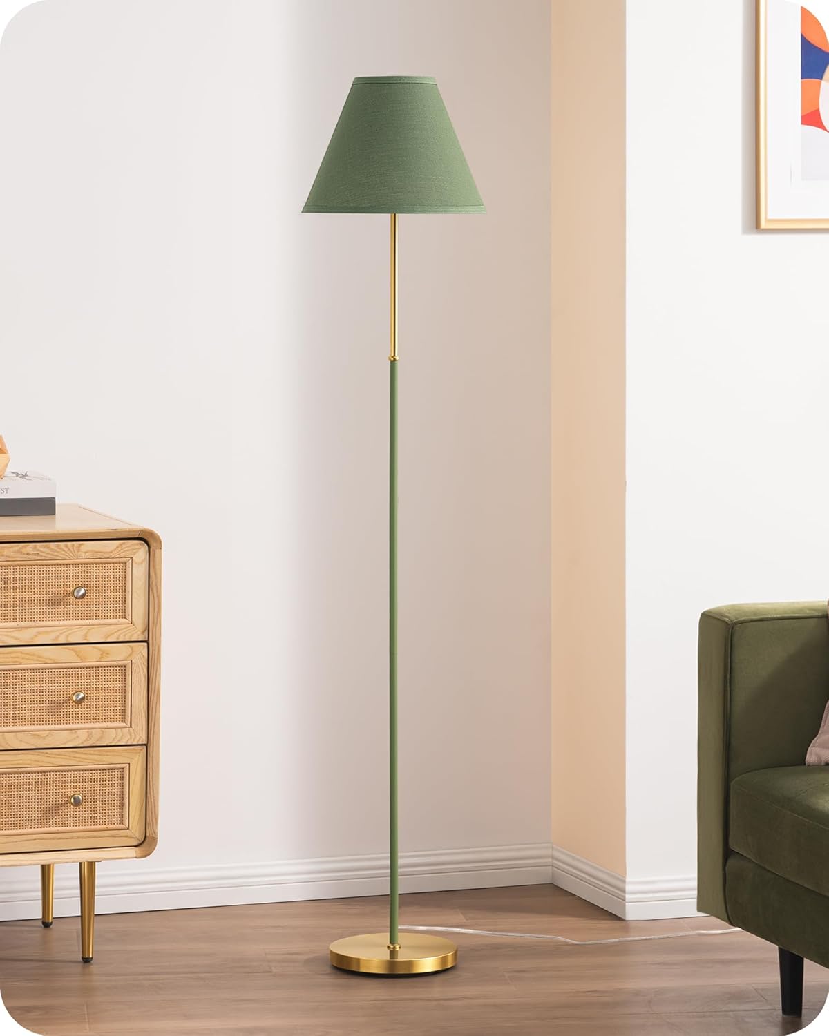 EDISHINE Retro Floor Lamp for Living Room, Tall LED Standing Lamp with Linen Lampshade, E27 Base, Foot Switch, 2700K Bulb Included, Gray Green