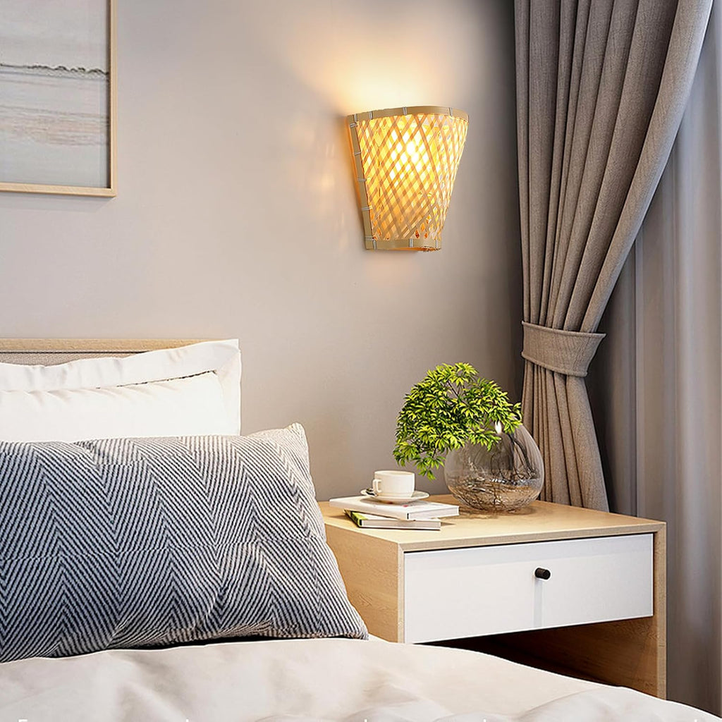 Boho Bamboo Wall Lamp, Handmade Basket Shape Vintage Sconce E27 for Living Room Bedroom Dining Room