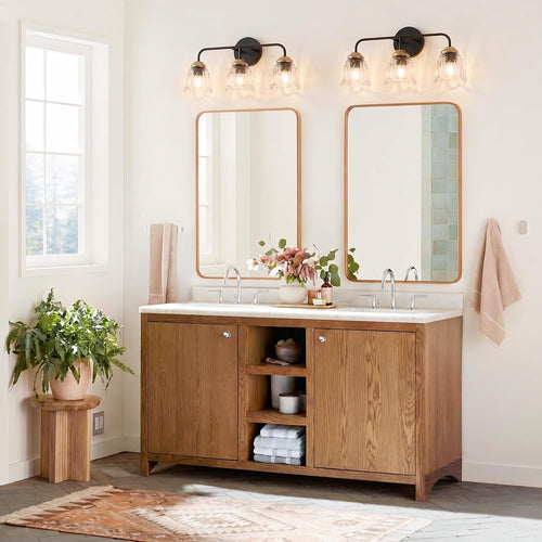 3-Light Black and Gold Vanity Light with Glass Shades, E12 Base Bathroom Wall Lighting Fixture, Up/Down Mountable Modern Wall Sconce for Bathroom Mirror Bedroom Hallway