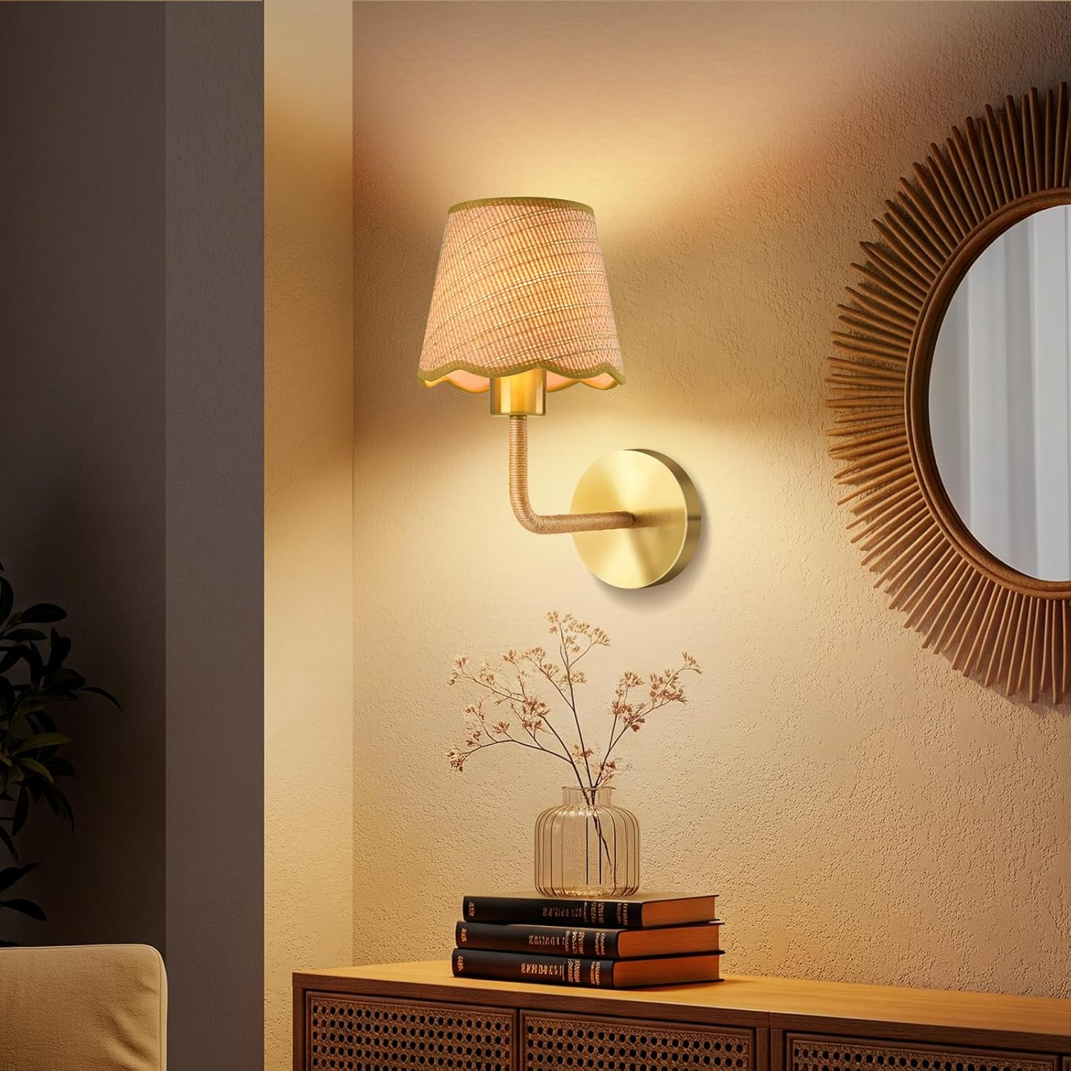 Rattan Wall Light for Living Room Bedroom Set of 2 with E27 Led Bulb,Rustic Rattan Wall Lamp,Handmade Farmhouse Lampshade Wall Sconce for Kitchen Island Dining Room Bedroom Hall