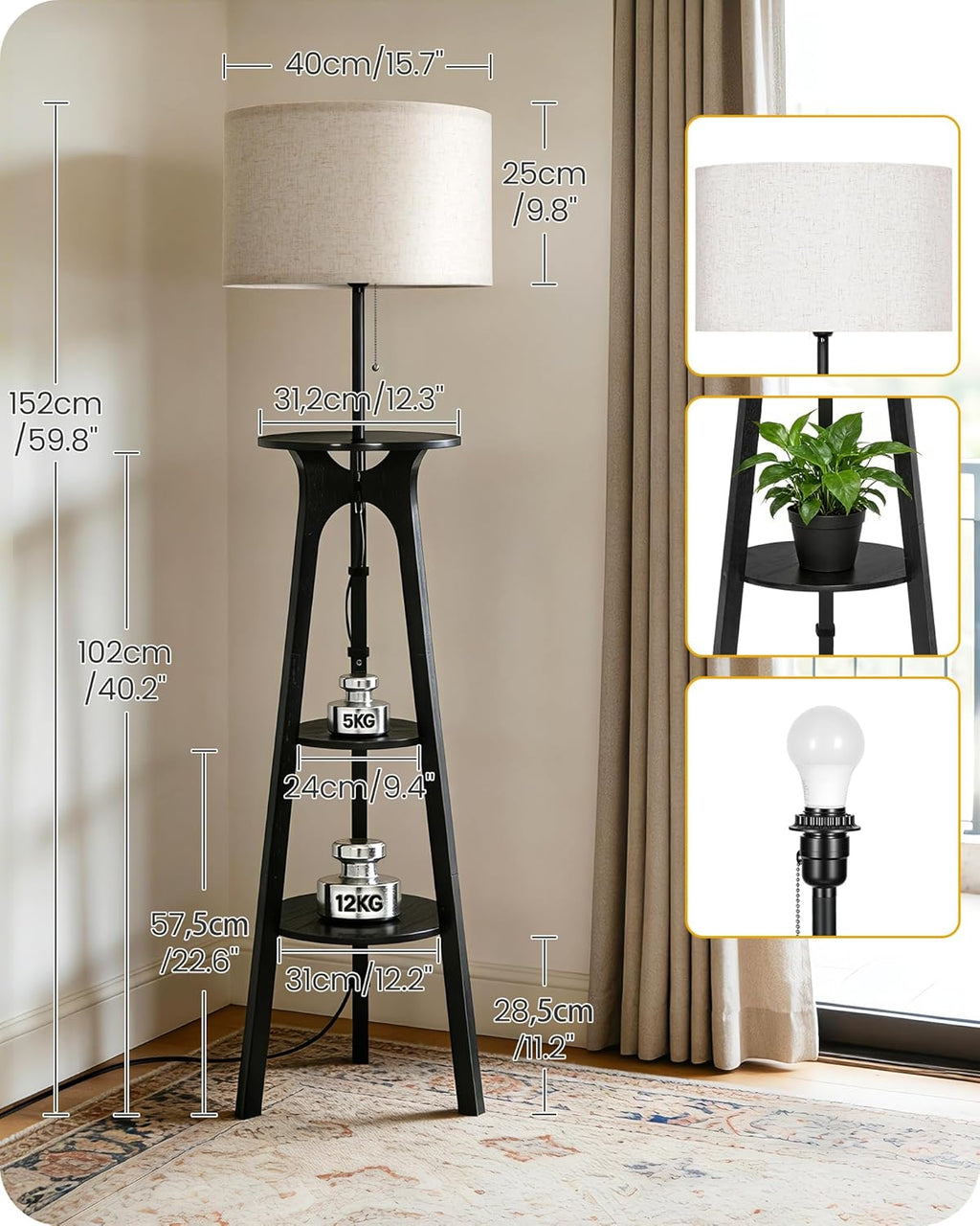 Floor Lamp, Corner Floor Lamp, Floor Lamp with 3 Shelves, Wood Tripod Floor Lamp with Linen Lampshade, for Living Room, Bedroom, Study, and Office, Beige and Black ZBE25LDK05