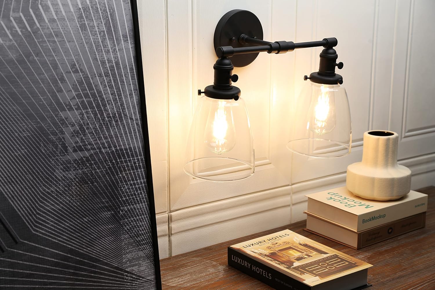 Phansthy Industrial Wall Lights Fitting with Oval Glass Shade 2 Lights Vintage Hallway Wall Lamps E27 Base Indoor Kitchen Wall Sconces Retro Light Fixtures for Bedroom Vanity Mirror (Black)
