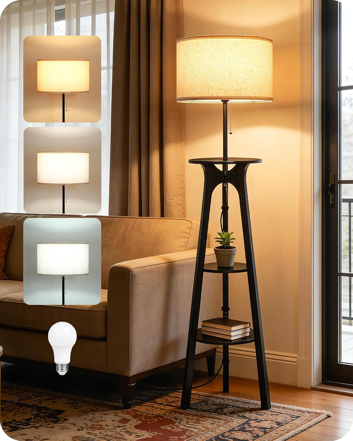 Floor Lamp, Corner Floor Lamp, Floor Lamp with 3 Shelves, Wood Tripod Floor Lamp with Linen Lampshade, for Living Room, Bedroom, Study, and Office, Beige and Black ZBE25LDK05