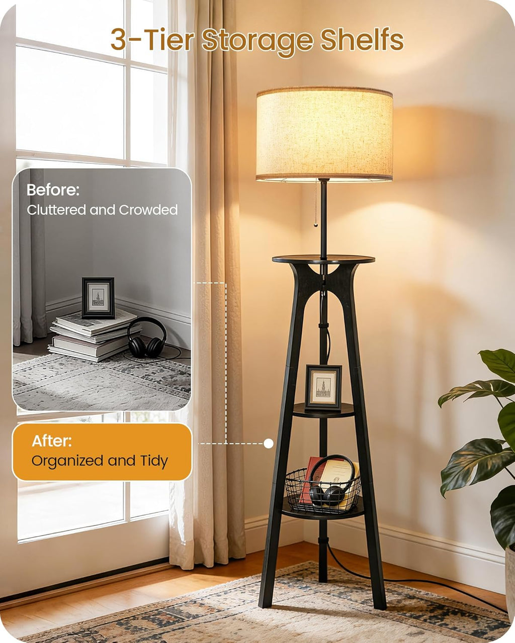Floor Lamp, Corner Floor Lamp, Floor Lamp with 3 Shelves, Wood Tripod Floor Lamp with Linen Lampshade, for Living Room, Bedroom, Study, and Office, Beige and Black ZBE25LDK05