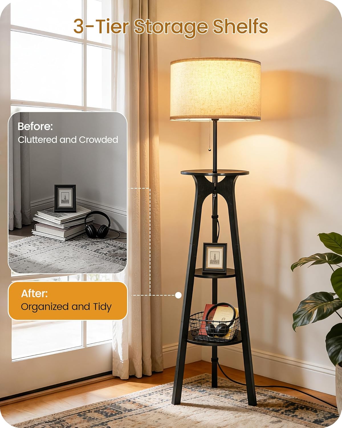 Floor Lamp, Corner Floor Lamp, Floor Lamp with 3 Shelves, Wood Tripod Floor Lamp with Linen Lampshade, for Living Room, Bedroom, Study, and Office, Beige and Black ZBE25LDK05