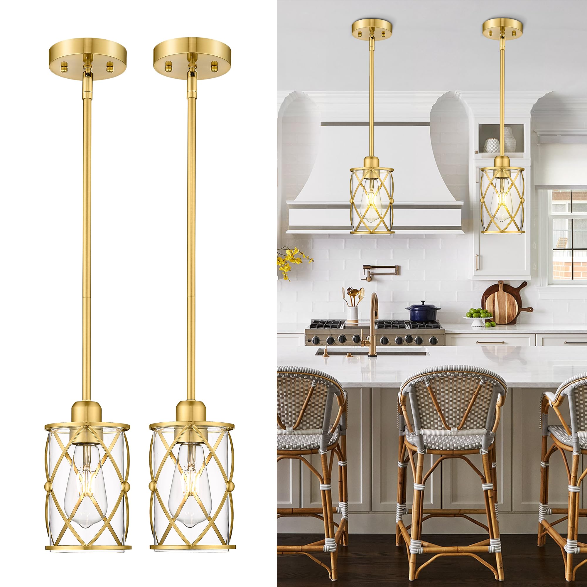 Glass Pendant Lights Kitchen Island 2 Pack, Black Mini Pendant Light with Clear Glass, Farmhouse Industrial Cage Hanging Lighting for Kitchen Sink Dining Room Bathroom, CH9176-1-2PK