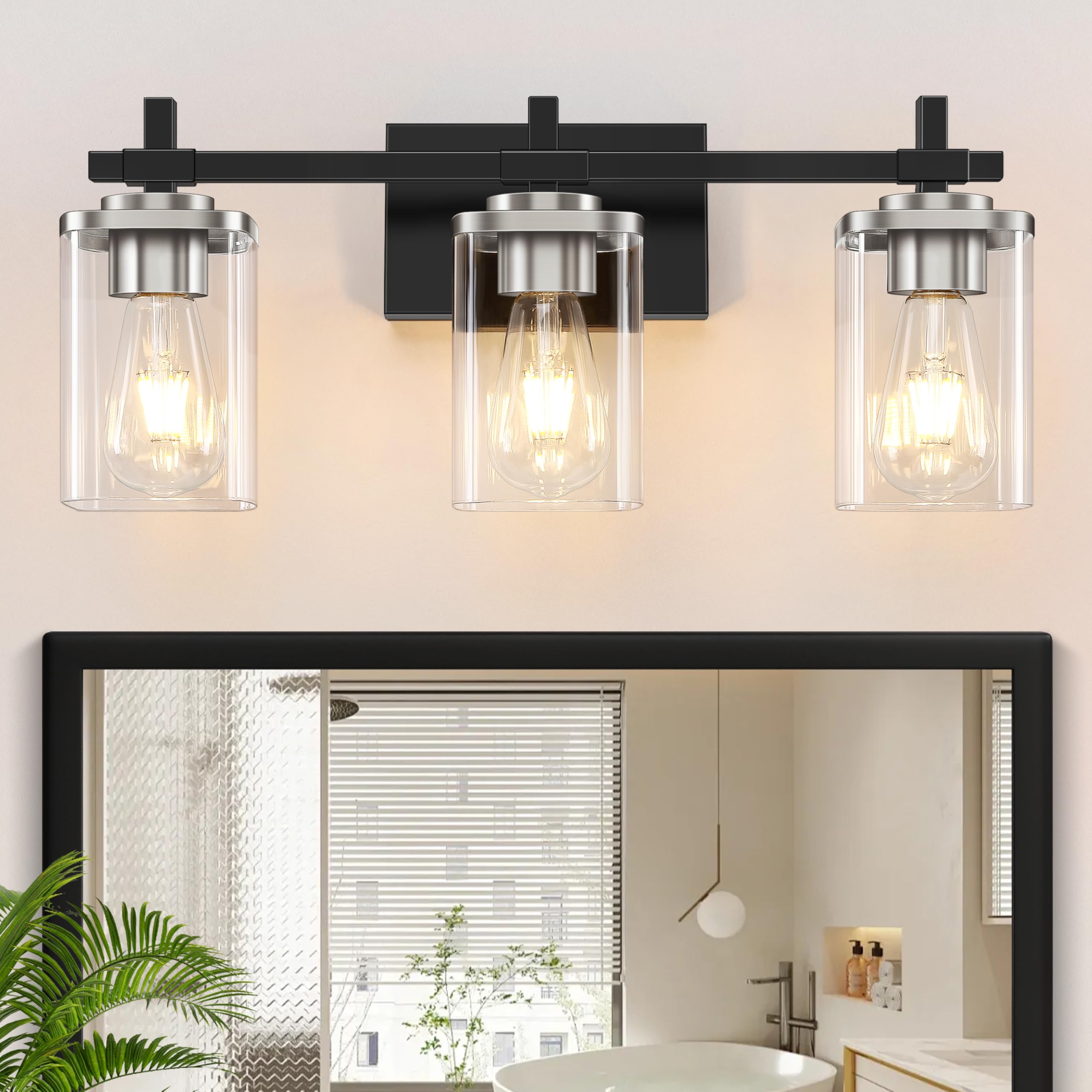 3-Lights Bathroom Vanity Light Fixtures, Modern Black Vanity Lights Over Mirror with Clear Glass Shade for Bathroom, Wall Mounted Lamp for Bedroom Hallway Living Room