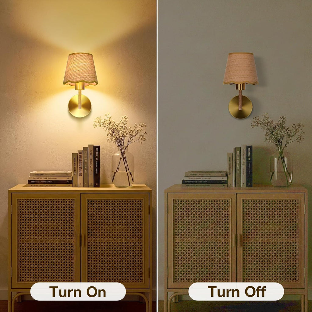 Rattan Wall Light for Living Room Bedroom Set of 2 with E27 Led Bulb,Rustic Rattan Wall Lamp,Handmade Farmhouse Lampshade Wall Sconce for Kitchen Island Dining Room Bedroom Hall