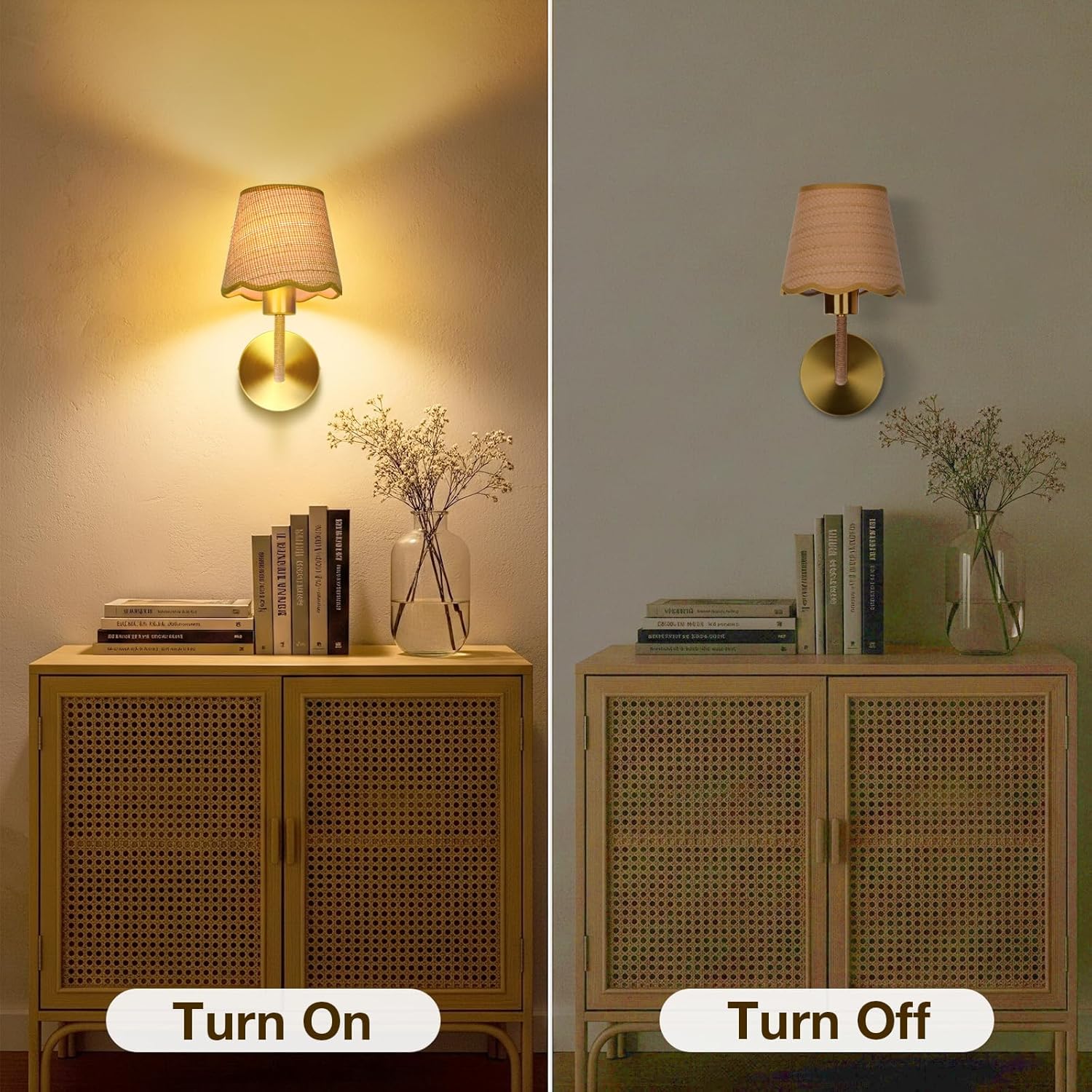 Rattan Wall Light for Living Room Bedroom Set of 2 with E27 Led Bulb,Rustic Rattan Wall Lamp,Handmade Farmhouse Lampshade Wall Sconce for Kitchen Island Dining Room Bedroom Hall