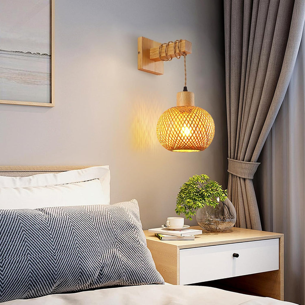 Bamboo Boho Wall Lights,Vintage Nylon Rope Wood Lantern Wall Lights for Living Room E27 Wall Lamp Shade,Hand-Woven Wall Light for Bedroom Hallway Cafe Bar (Without Bulb)