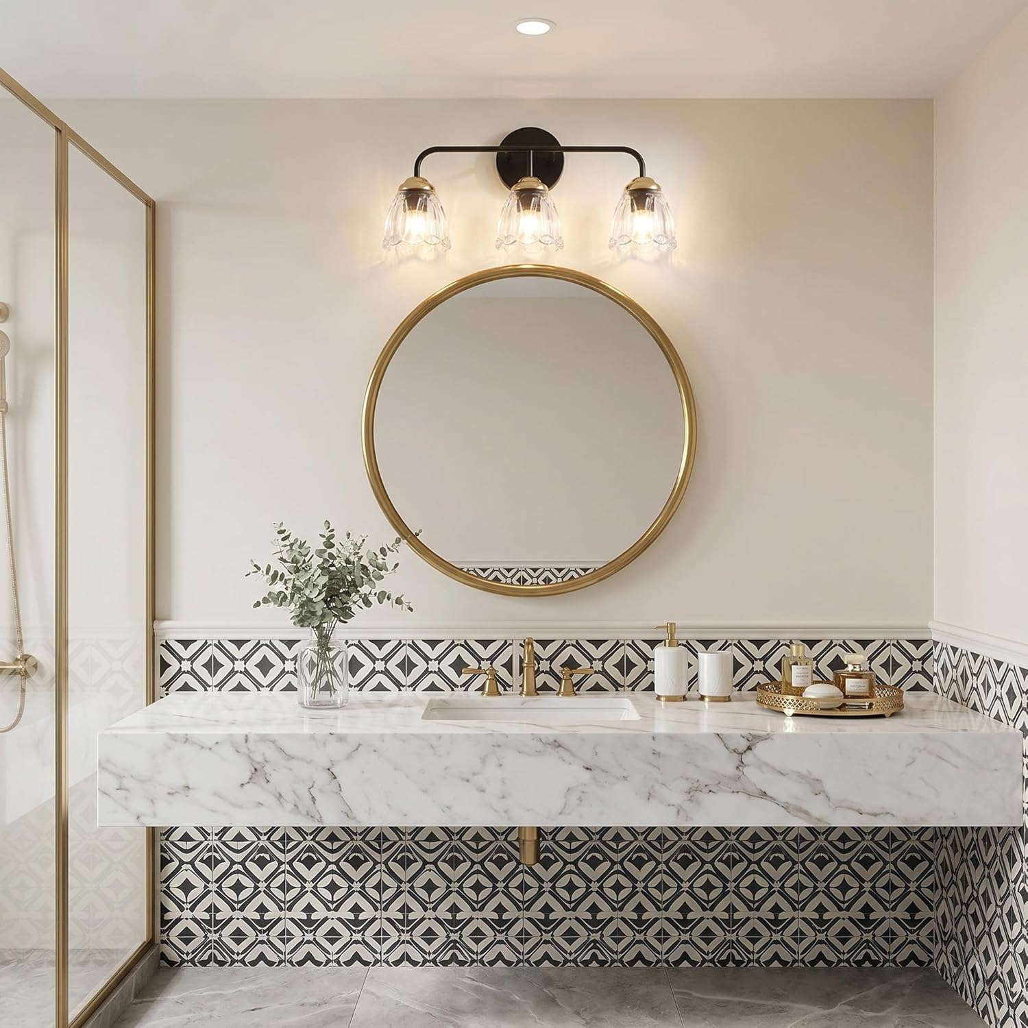 3-Light Black and Gold Vanity Light with Glass Shades, E12 Base Bathroom Wall Lighting Fixture, Up/Down Mountable Modern Wall Sconce for Bathroom Mirror Bedroom Hallway