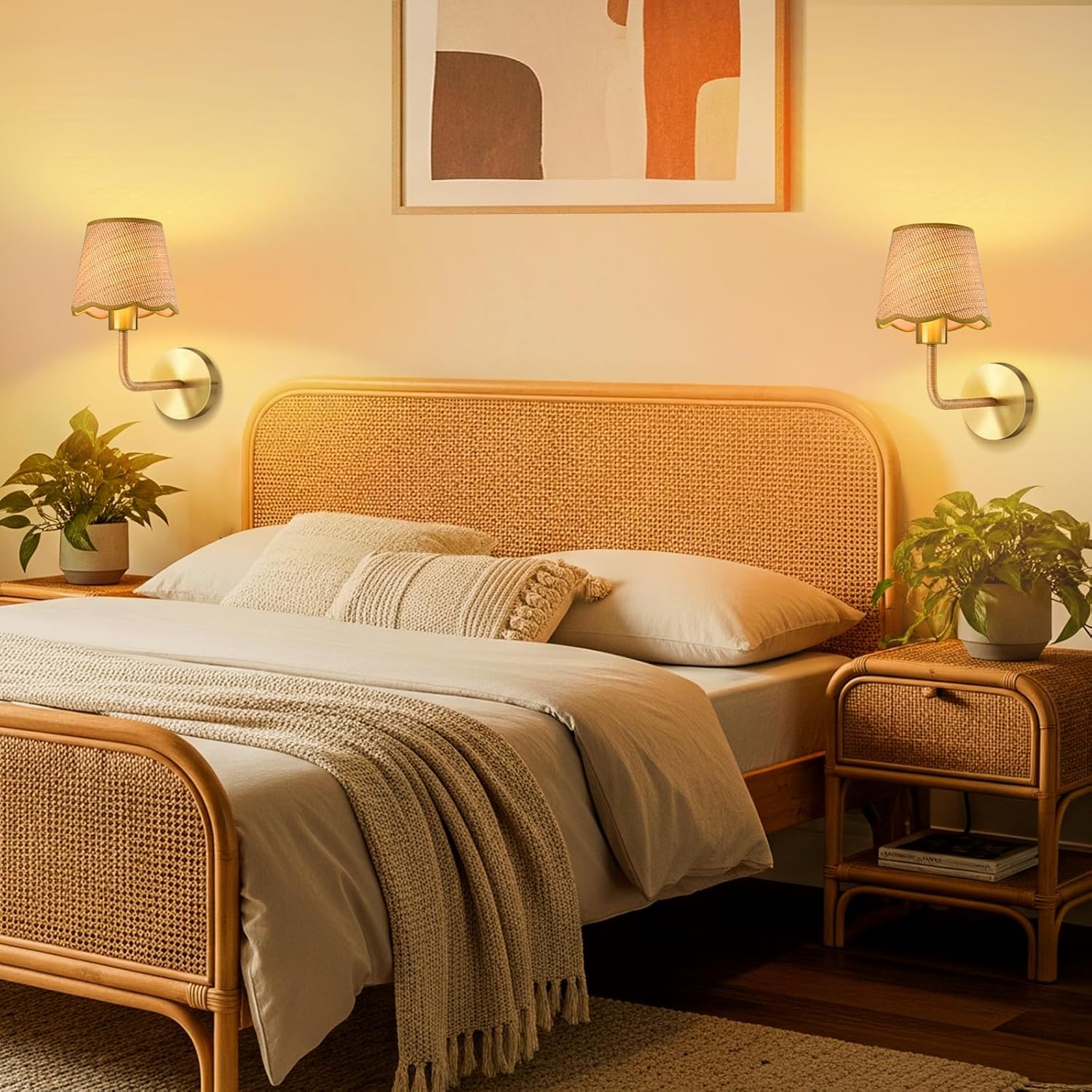 Rattan Wall Light for Living Room Bedroom Set of 2 with E27 Led Bulb,Rustic Rattan Wall Lamp,Handmade Farmhouse Lampshade Wall Sconce for Kitchen Island Dining Room Bedroom Hall