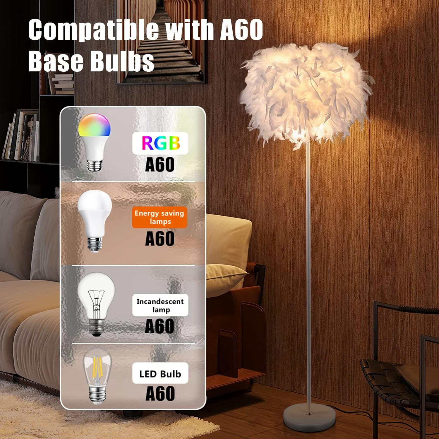 Feather Floor Lamp,Modern Floor Lamp for Living Room,55" Standing Lamp,White Feather Floor Light for Bedroom,Study,Nursery,Home Office Decoration(E27 Base Holder)
