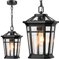 VIANIS Outdoor Pendant Light Fixtures for Porch, Exterior Ceiling Hanging Lanterns, Anti-Rust Waterproof Farmhouse Outdoor Chandelier, Black Gold Aluminum with Tempered Glass for Entryway, 1 Pack