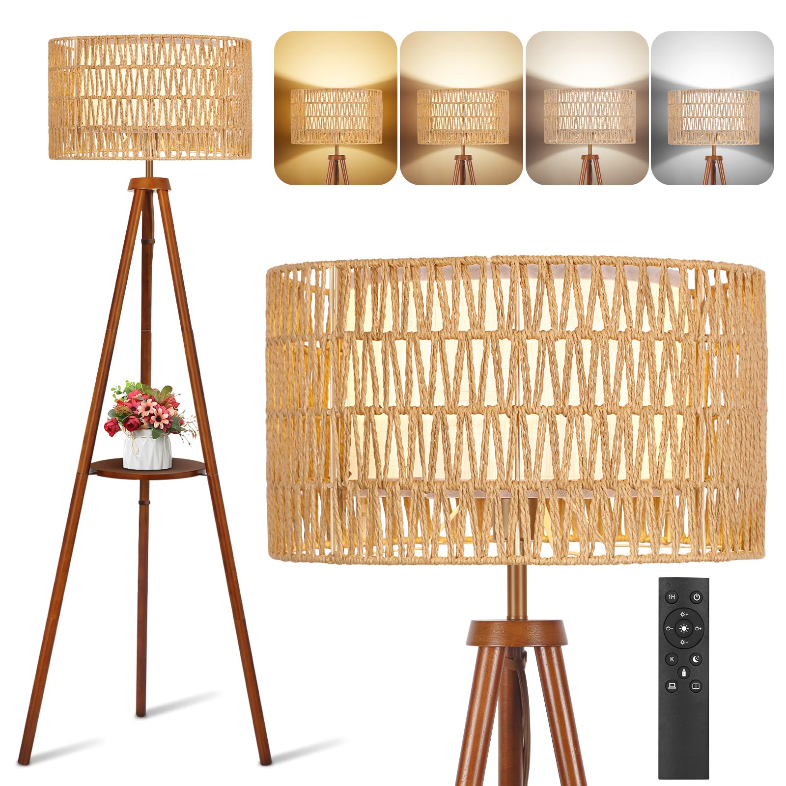 OUTON Solid Wooden Tripod Floor Lamp, Touch Control, Standing Lamp with Remote Control, Dimmable & 4 Color Temperatures, 1H Timer, LED Floor Lamp with Storage Shelf Linen Shade for Living Room Bedroom