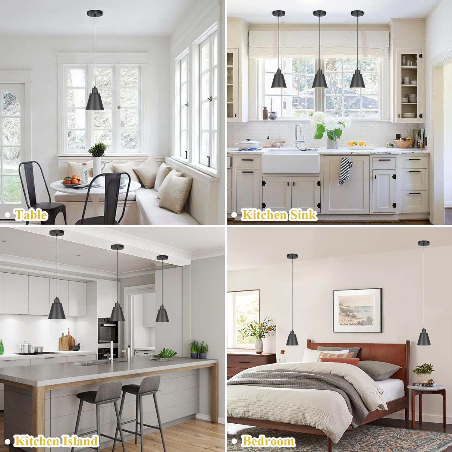 Industrial Pendant Lights, Black Pendant Light Fixtures, Vintage Kitchen Island Light with Black Metal Shade, Farmhouse Pendant Lights for Dinning Table Bedroom Bar - Black, 3 Packs