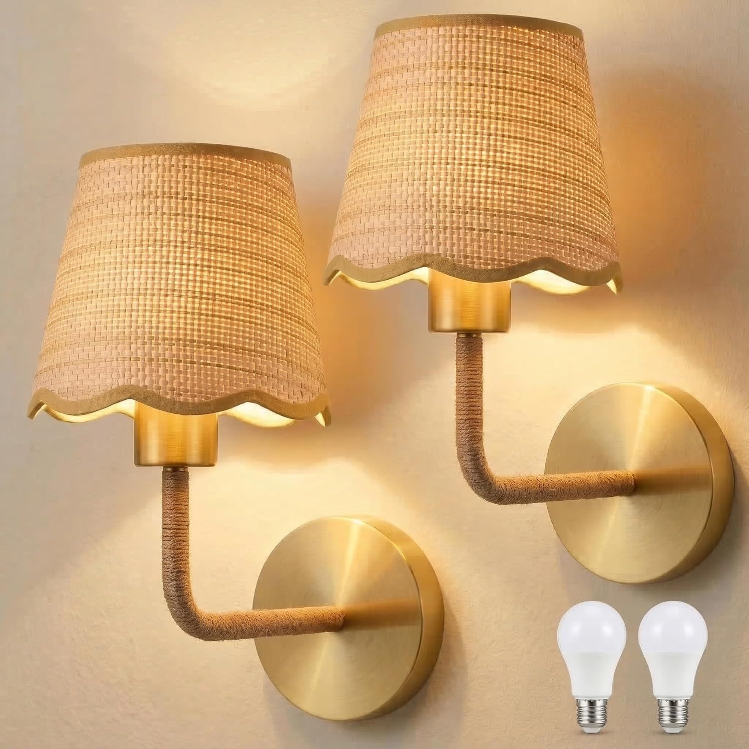 Rattan Wall Light for Living Room Bedroom Set of 2 with E27 Led Bulb,Rustic Rattan Wall Lamp,Handmade Farmhouse Lampshade Wall Sconce for Kitchen Island Dining Room Bedroom Hall