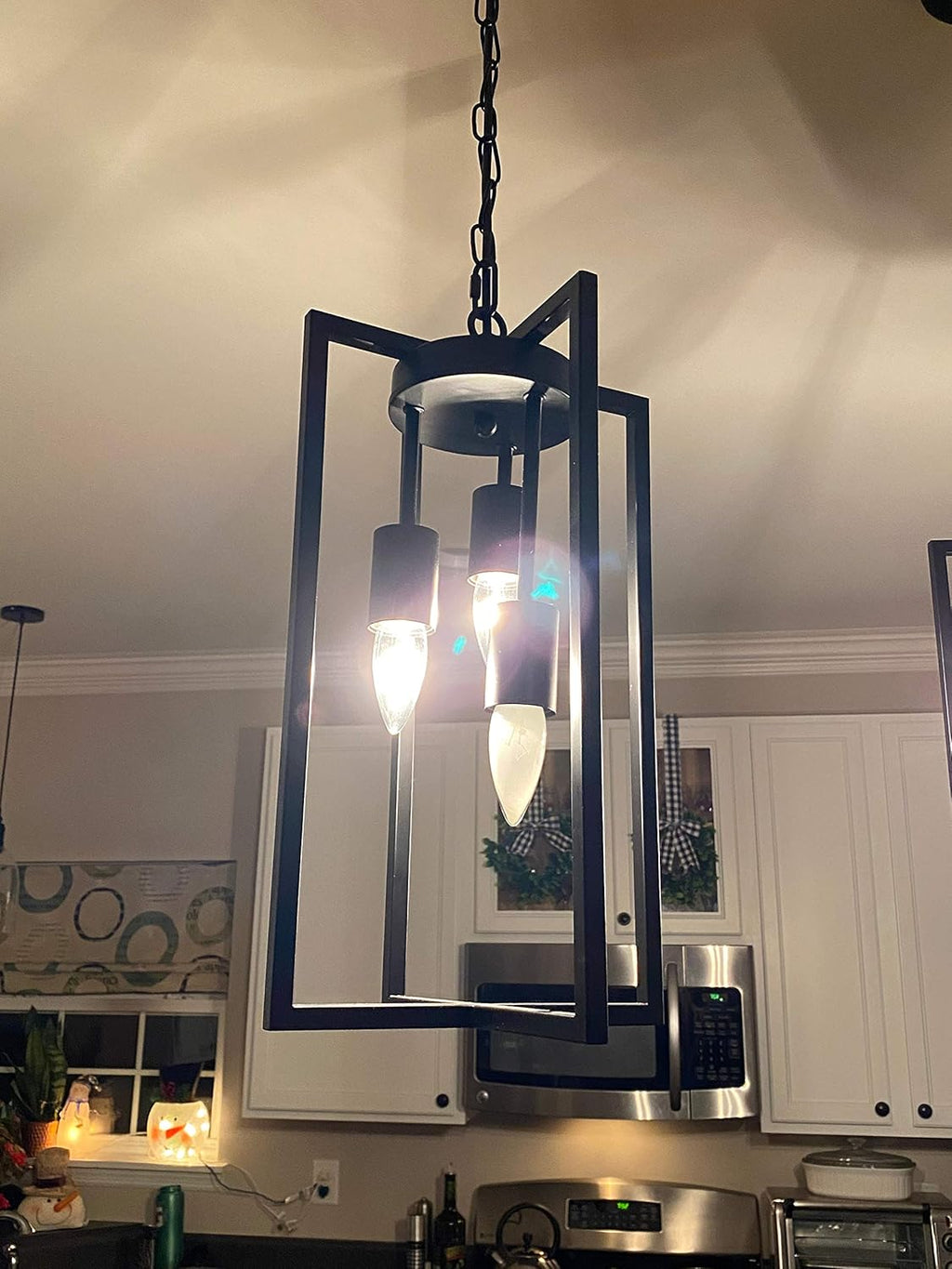 Modern Black Industrial Farmhouse Pendant Lighting, Rectangle Metal Cage Chandelier Hanging Light Fixture for Kitchen Island, Dining Room, Entryway, Hallway (3-Light)