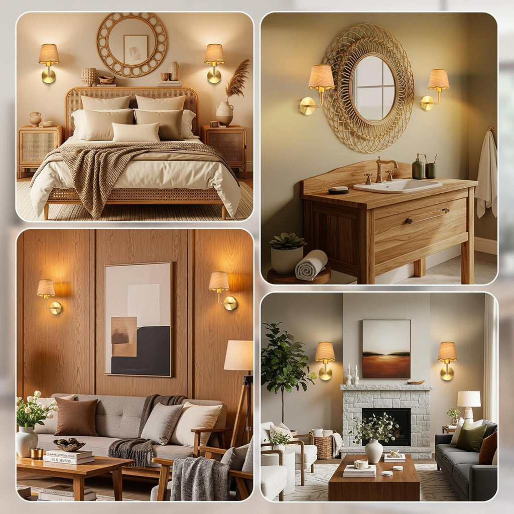 Rattan Wall Light for Living Room Bedroom Set of 2 with E27 Led Bulb,Rustic Rattan Wall Lamp,Handmade Farmhouse Lampshade Wall Sconce for Kitchen Island Dining Room Bedroom Hall