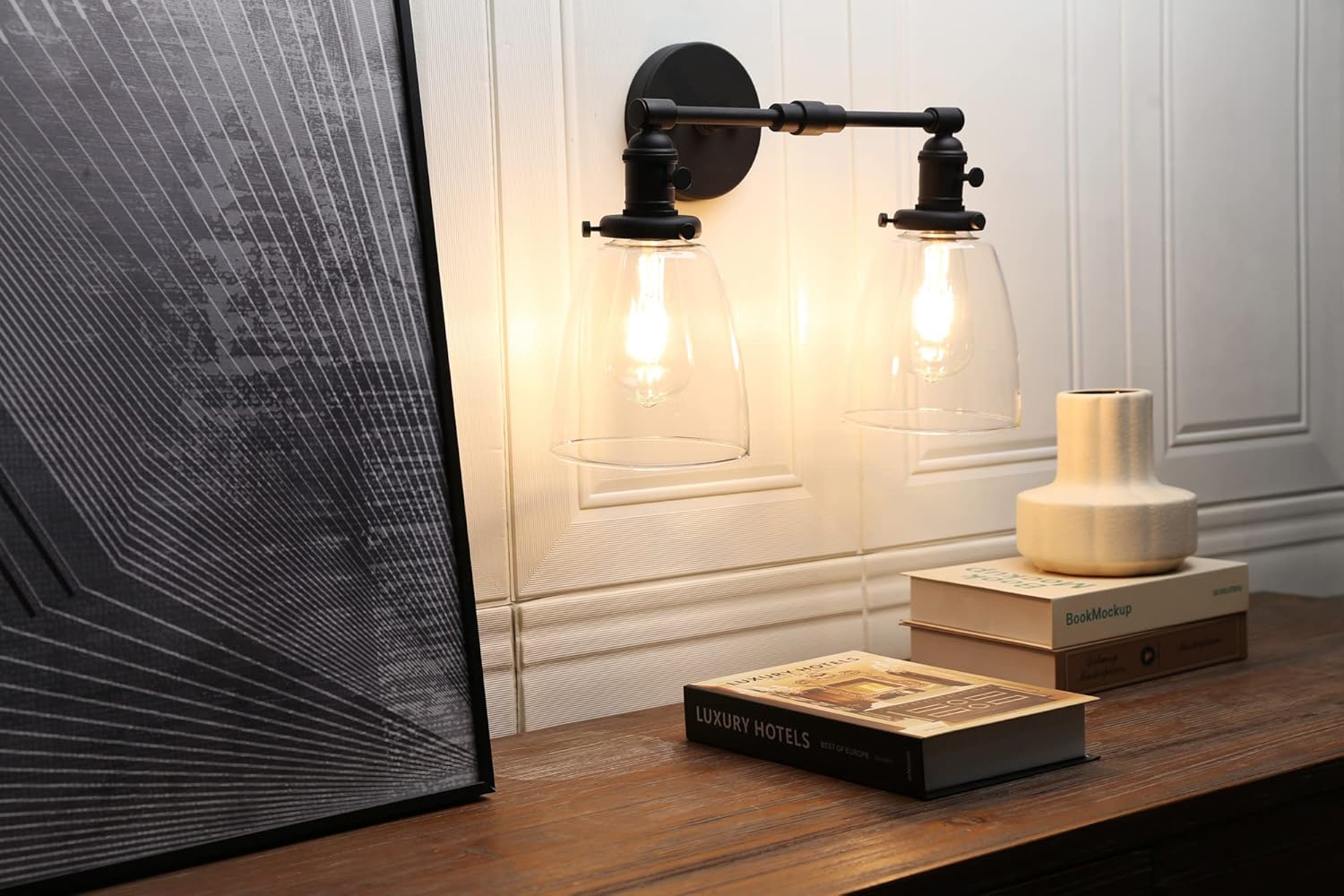 Phansthy Industrial Wall Lights Fitting with Oval Glass Shade 2 Lights Vintage Hallway Wall Lamps E27 Base Indoor Kitchen Wall Sconces Retro Light Fixtures for Bedroom Vanity Mirror (Black)