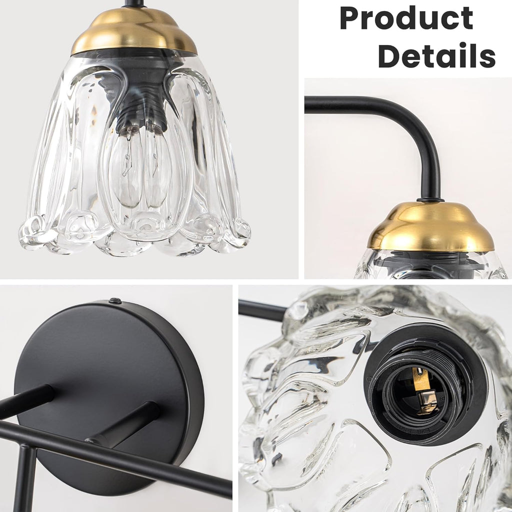 3-Light Black and Gold Vanity Light with Glass Shades, E12 Base Bathroom Wall Lighting Fixture, Up/Down Mountable Modern Wall Sconce for Bathroom Mirror Bedroom Hallway
