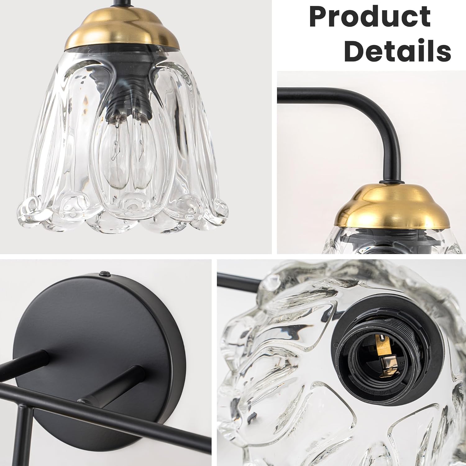 3-Light Black and Gold Vanity Light with Glass Shades, E12 Base Bathroom Wall Lighting Fixture, Up/Down Mountable Modern Wall Sconce for Bathroom Mirror Bedroom Hallway