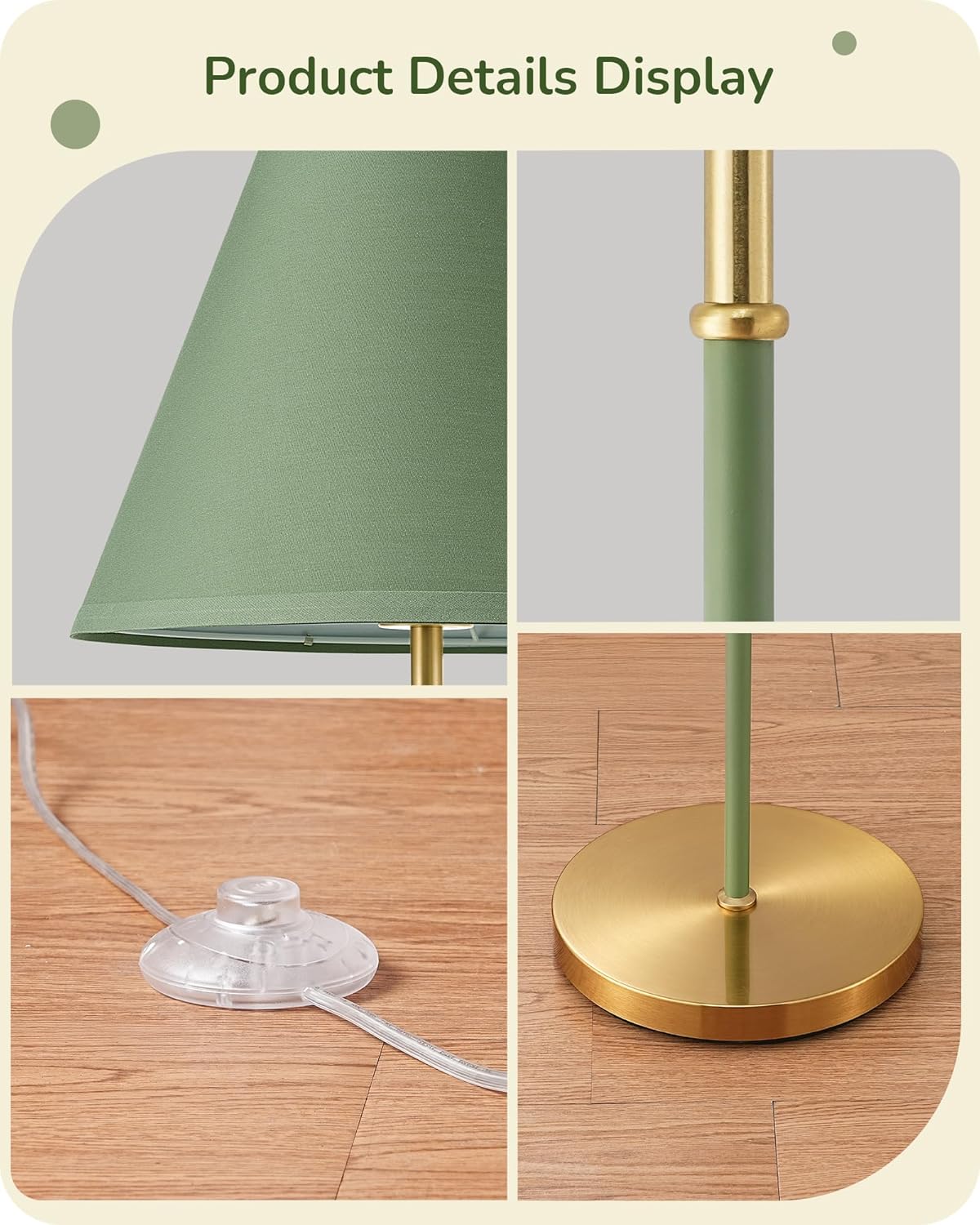 EDISHINE Retro Floor Lamp for Living Room, Tall LED Standing Lamp with Linen Lampshade, E27 Base, Foot Switch, 2700K Bulb Included, Gray Green