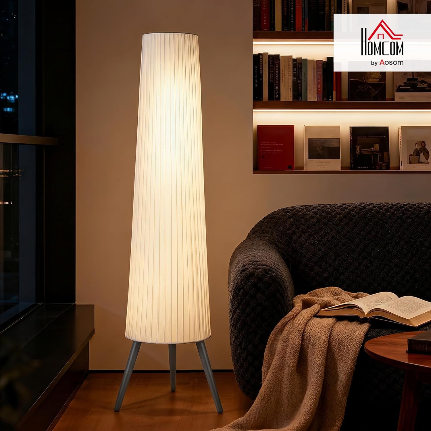 HOMCOM Dimmable Tripod Floor Lamp with Foot Switch, Nordic Standing Lamp with Fabric Shade for Living Room, Bedroom, Office, 153cm, White and Grey