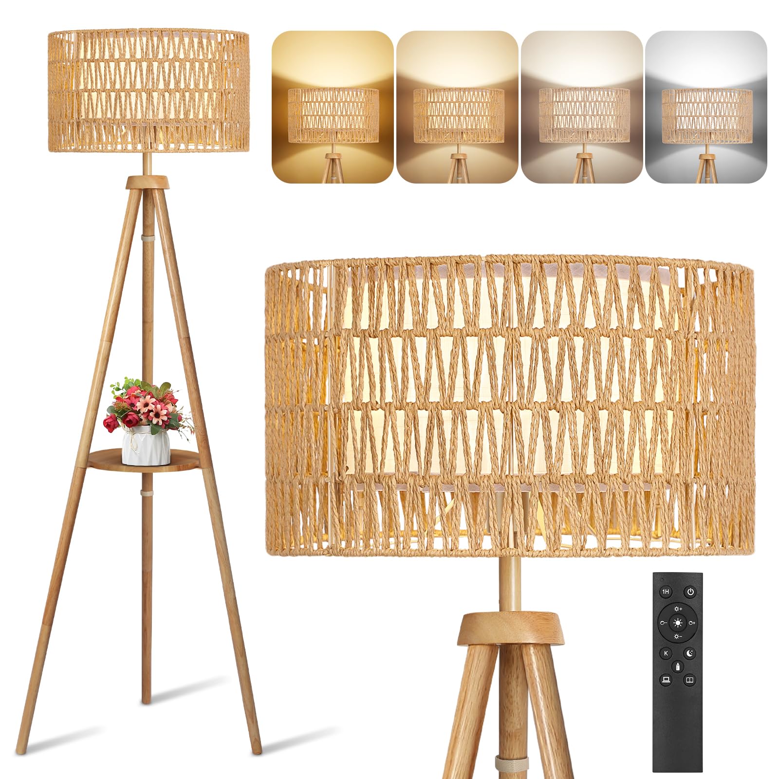 OUTON Solid Wooden Tripod Floor Lamp, Touch Control, Standing Lamp with Remote Control, Dimmable & 4 Color Temperatures, 1H Timer, LED Floor Lamp with Storage Shelf Linen Shade for Living Room Bedroom