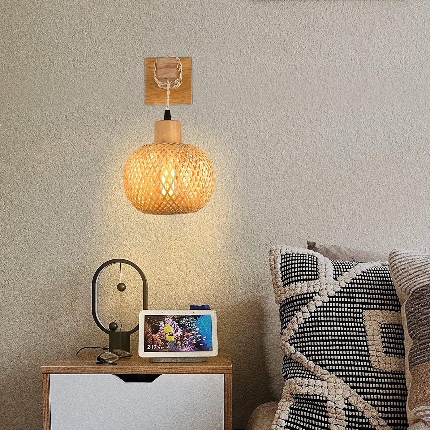 Retro Indoor Wall Lamp, E27 Vintage Wooden Wall Light with Rattan Lampshade, Cage Wall Sconce Lighting for Living Room, Bedroom, Corridor, Dining Room, Max 60W (Without Light Bulb)